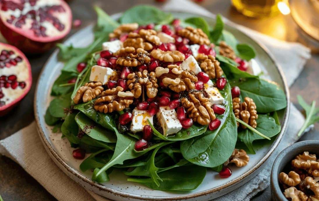 fall salad with pomegranates, cheese and nuts