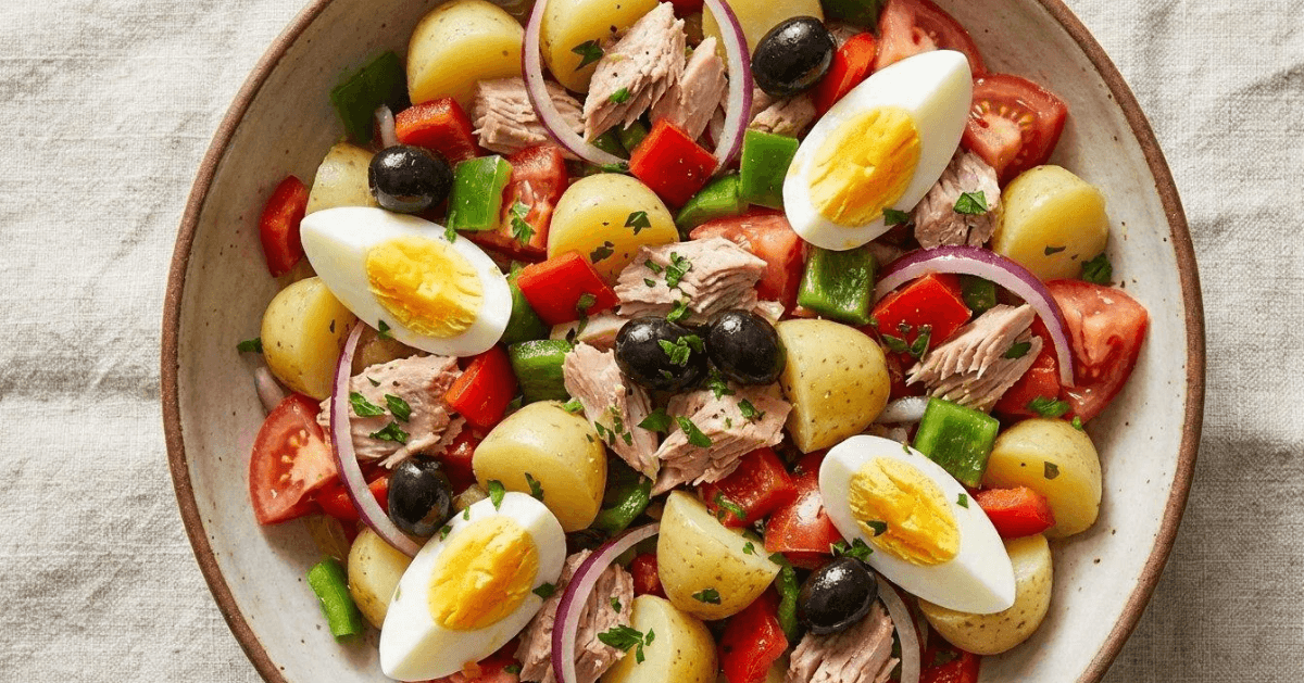 Spanish tonne salad, potatoes and eggs, simple recipe for a healthy meal
