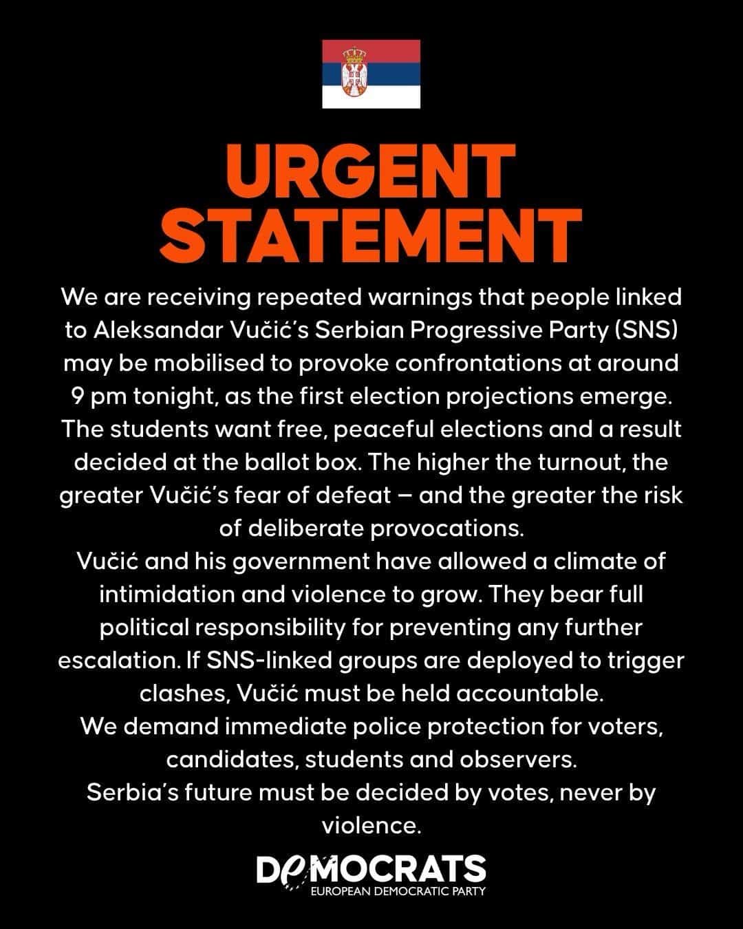 The European Democratic Party: Possible provocations warned during proclamation of preliminary results in Serbia