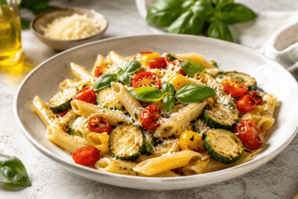 Pasta italiane me kungulleshka, domate qershi dhe borzilok