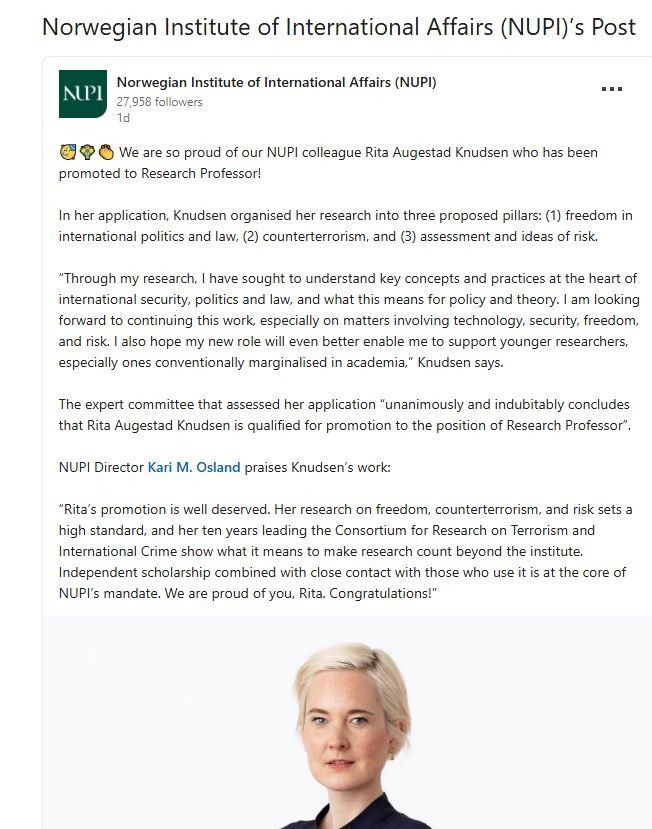 Rita Augestad Knudsen, bashkëshortja e Albin Kurtit, bëhet profesoreshs kërkimore në Institutin Norvegjez